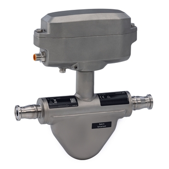 Hygienic mass flowmeter with highest repeatability and compact transmitter for filling and dosing